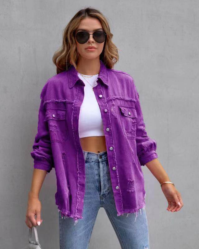 Fashion Ripped Shirt Jacket Female Autumn And Spring Casual Tops Womens Clothing - Shanilia