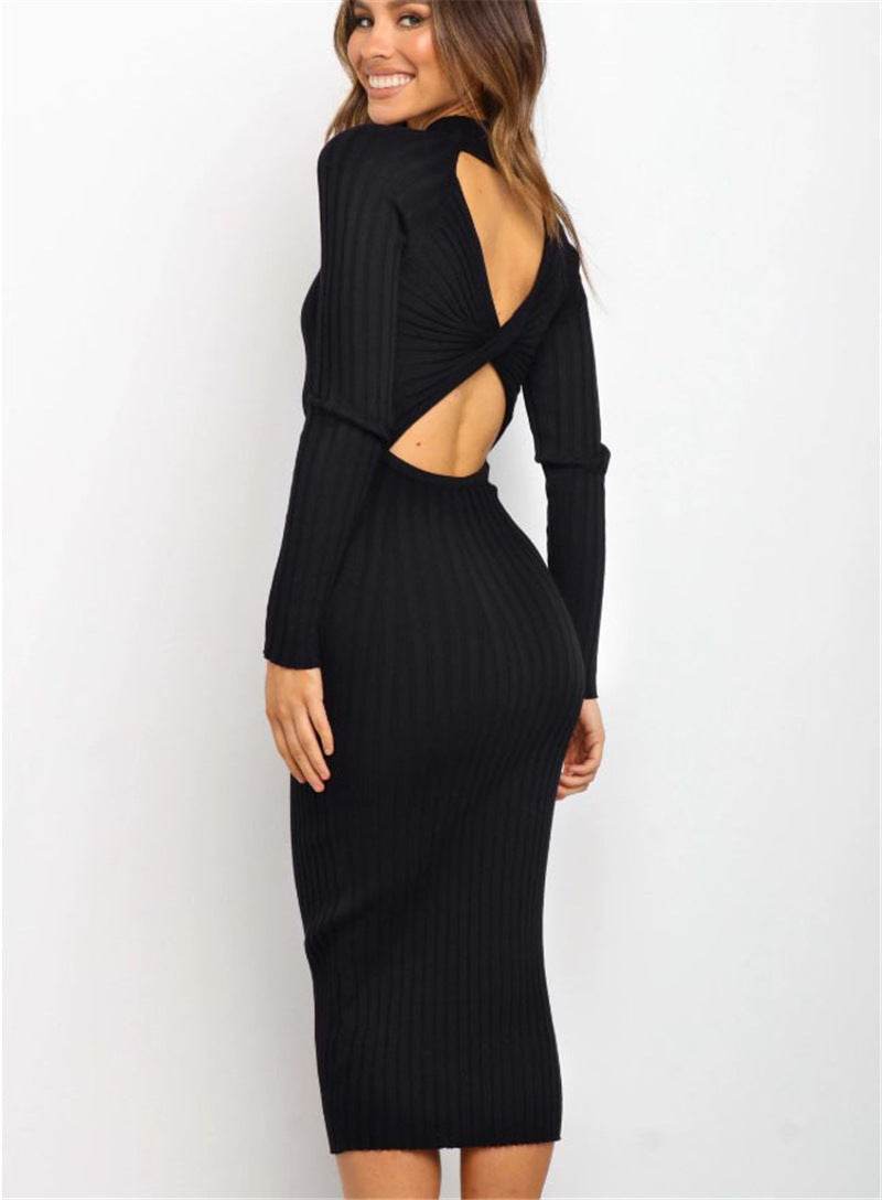 New Style Women's Suits Sweater Dresses | Solid Color Backless Bow Tight Dresses - Shanilia