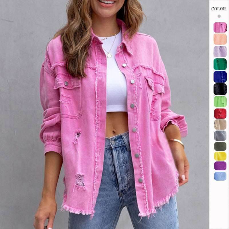 Fashion Ripped Shirt Jacket Female Autumn And Spring Casual Tops Womens Clothing - Shanilia