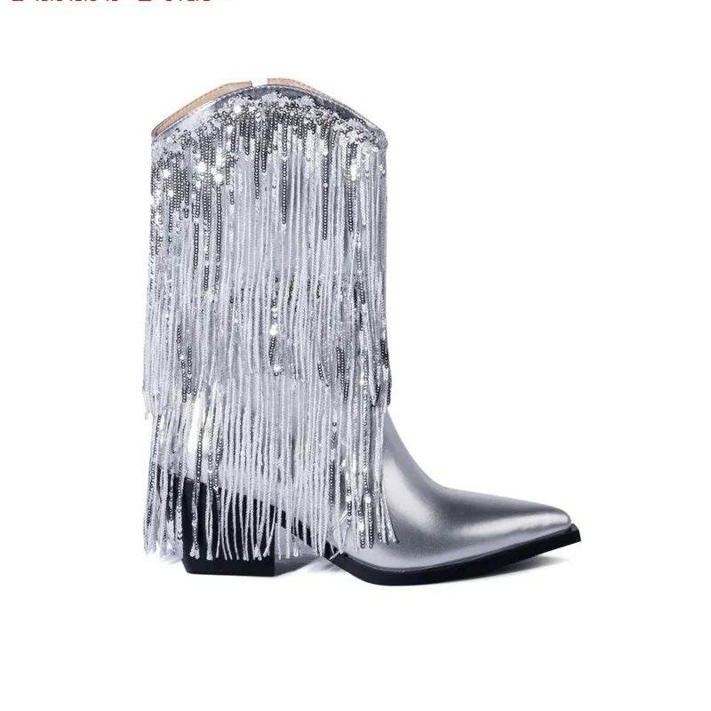 Women's Cross-Border Fashion Runway Chunky Heel Tassel Boots - Shanilia