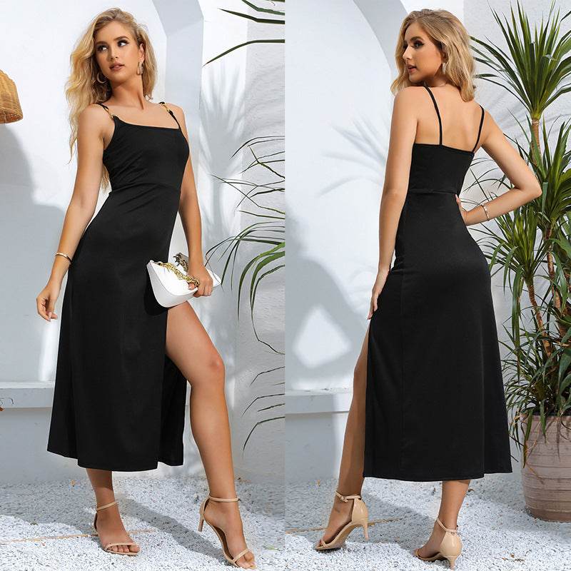 Solid Color Sling Waist Sexy Slit Sleeveless Dress - Shanilia