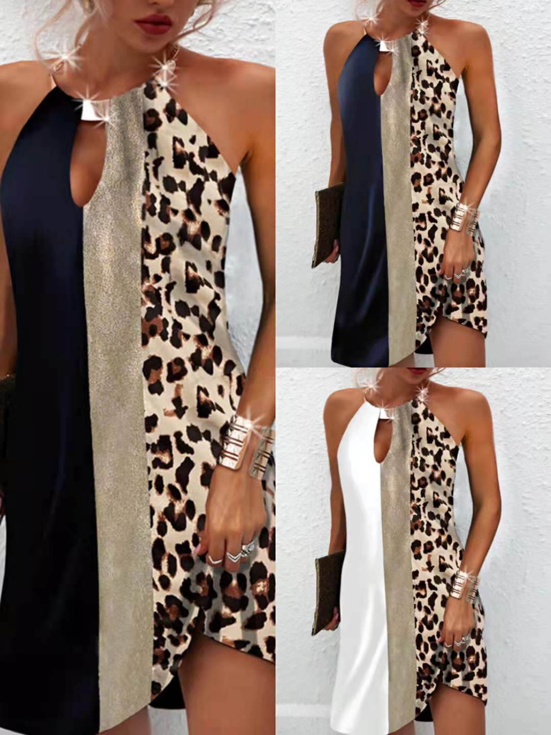 Leopard Print Sleeveless Back Metal Halter Dress - Shanilia