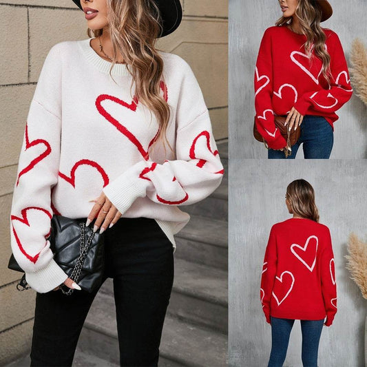 Female With Hearts Valentine's Day Pullover Big Peach Heart Contrast Color Sweater - Shanilia