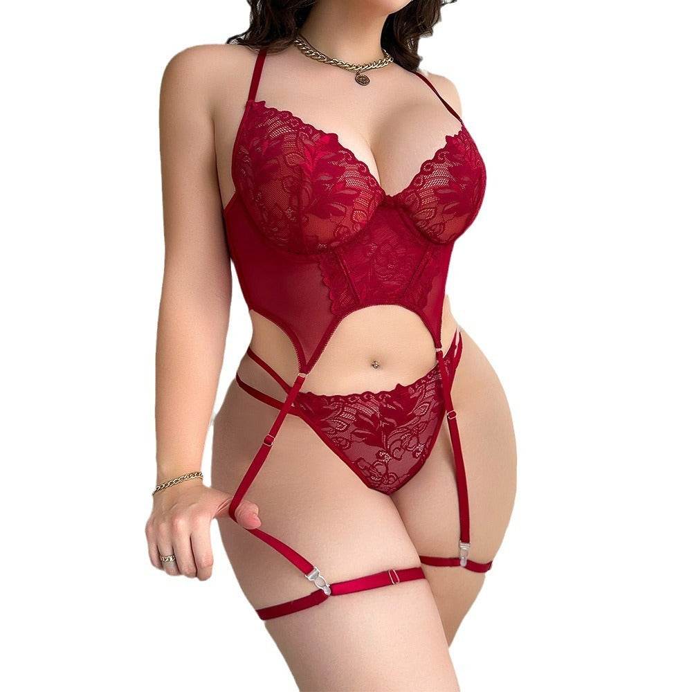 Plus Size Fat Woman Underwear Lace See-through Bra T-back Two-piece Suit - Shanilia