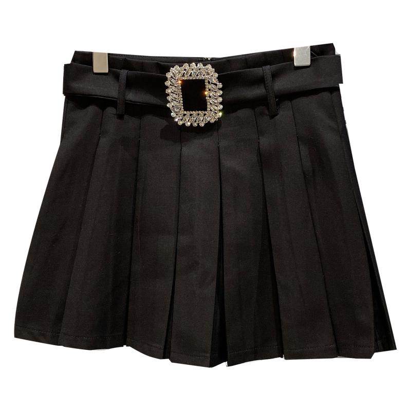 Square Rhinestone Waistband Design Anti Glare Pleated Skirt - Shanilia