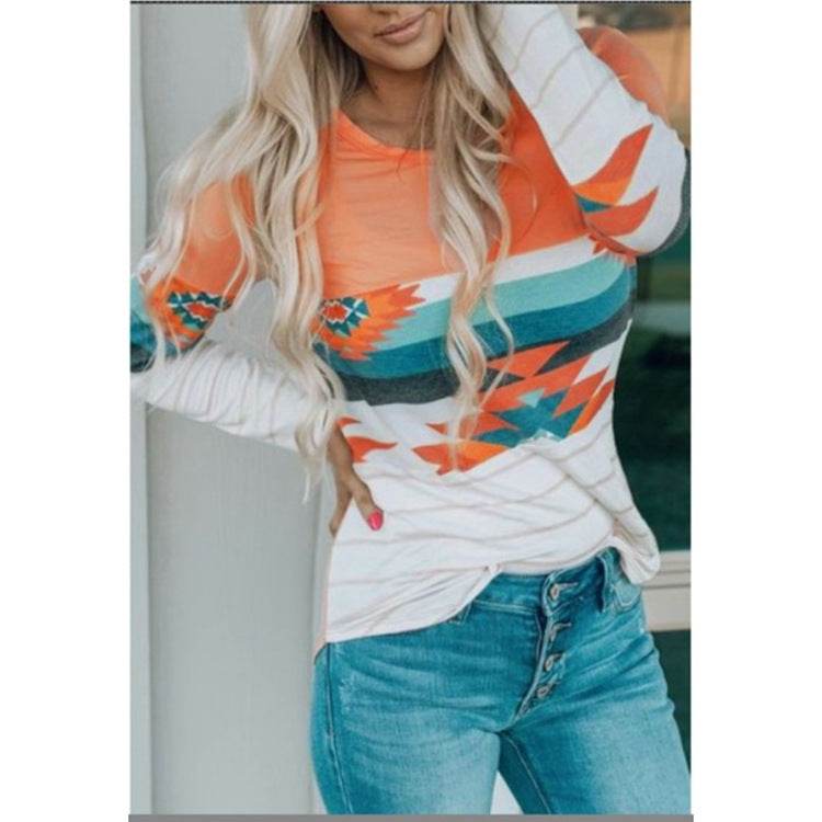 Women's Printed Round Neck Knitted Long-sleeved Top T-shirt - Shanilia