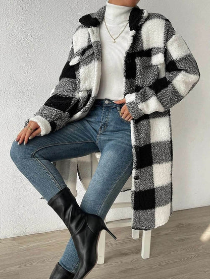 Button Lapel Plush Plaid Coat Loose | Plaid Lapel Coat - Shanilia