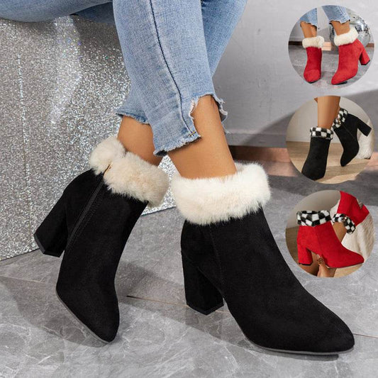 New Plaid Print Plush Ankle Boots Winter Fashoin Square Heel Suede Boots Women - Shanilia