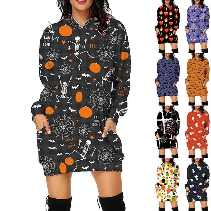 Women's Halloween Print Long Hoodie Sweater with Pockets - Shanilia