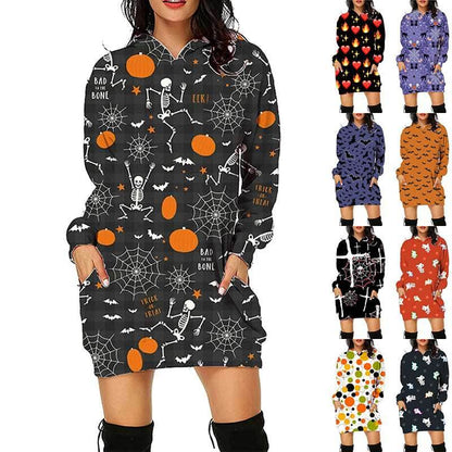 Women's Halloween Print Long Hoodie Sweater with Pockets - Shanilia