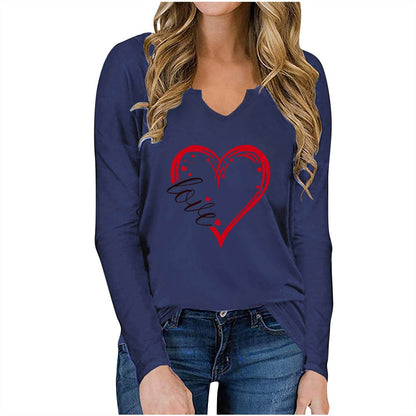 Valentine's Day Printed T shirt | Long sleeved V neck Top | Loose Fit - Shanilia