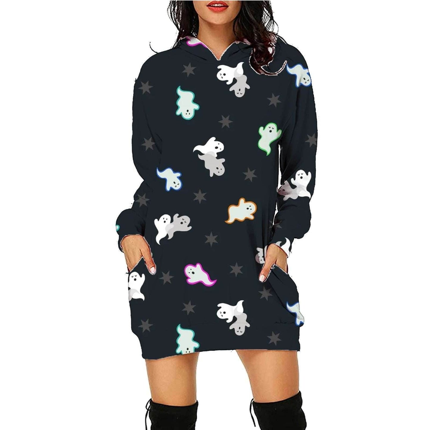 Women's Halloween Print Long Hoodie Sweater with Pockets - Shanilia