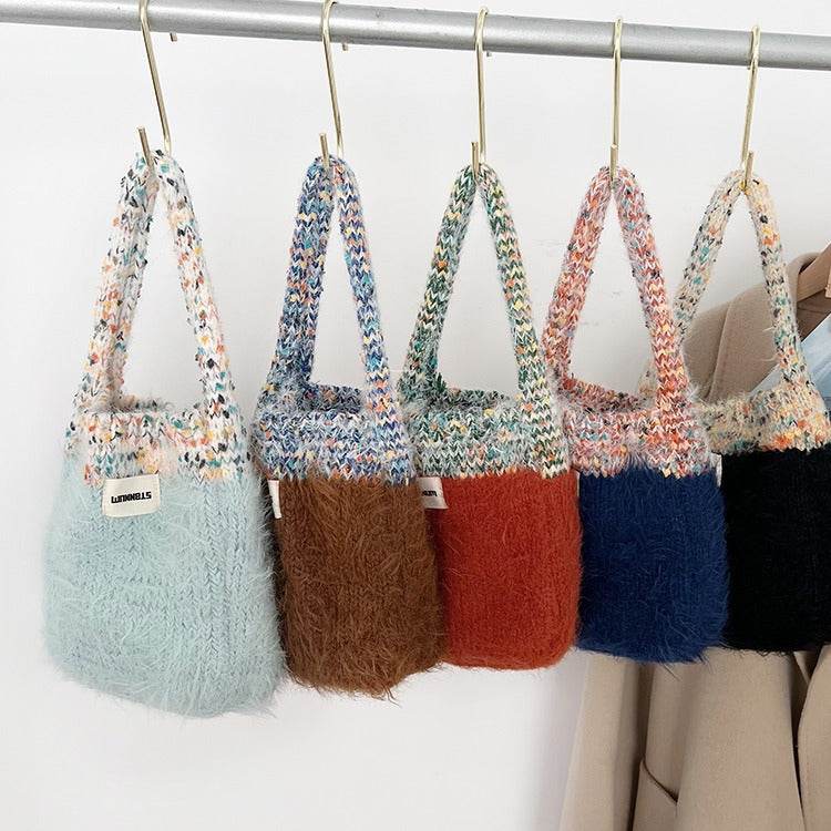 Exquisite Korean Style Cute Portable Fur Bag - Contrast Color Knitted - Shanilia