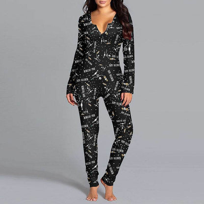 Halloween Printed Jumpsuit Long Sleeve Home Pajamas for Women - Shanilia