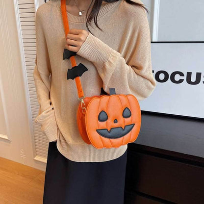 Halloween Bags Funny Pumpkin Cartoon Shoulder Crossbody Bag With Bat - Shanilia