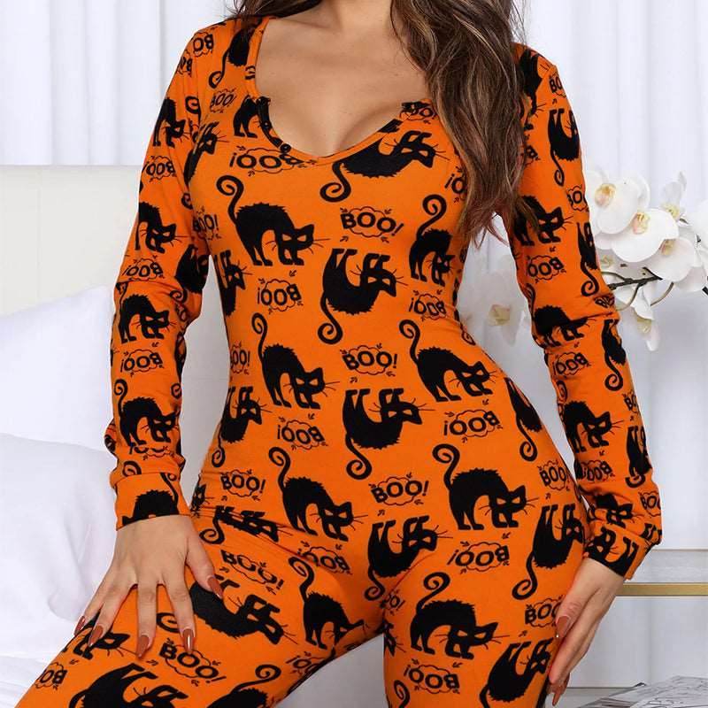 Halloween Printed Jumpsuit Long Sleeve Home Pajamas for Women - Shanilia