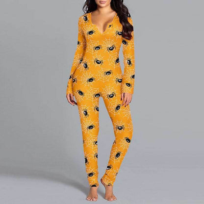 Halloween Printed Jumpsuit Long Sleeve Home Pajamas for Women - Shanilia