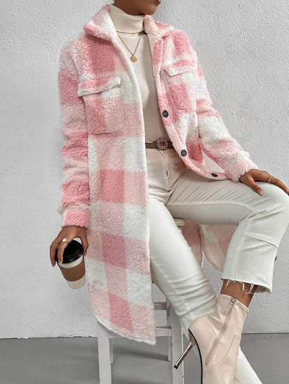 Button Lapel Plush Plaid Coat Loose | Plaid Lapel Coat - Shanilia