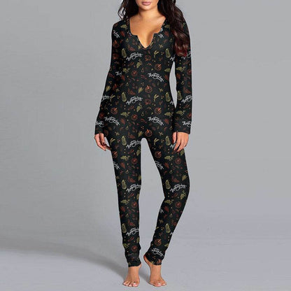 Halloween Printed Jumpsuit Long Sleeve Home Pajamas for Women - Shanilia