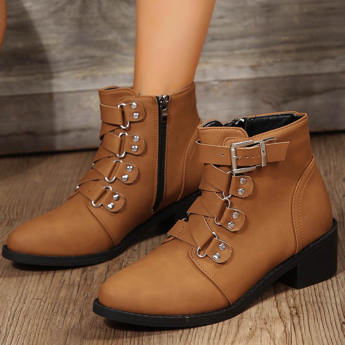 Women Winter Ankle Boots with Side Zipper and Belt Buckle | Knight Boot - Shanilia