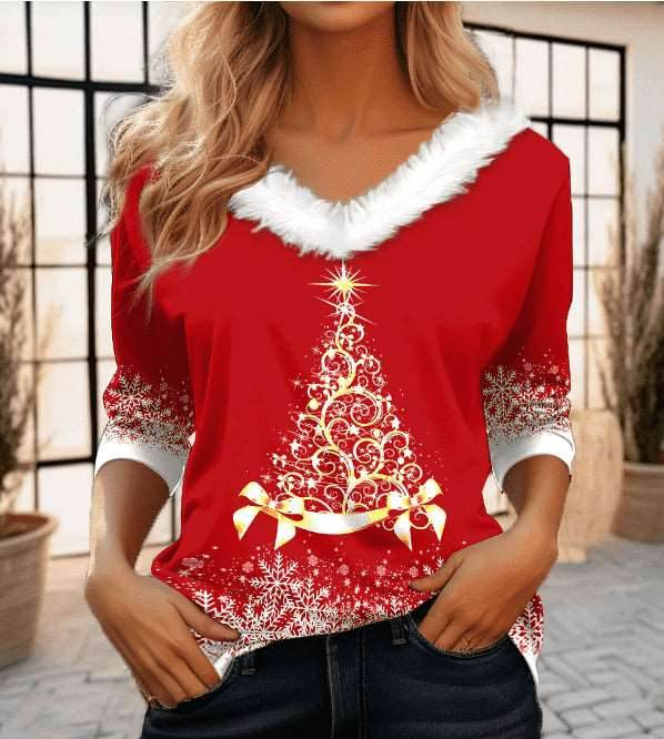 Women's Fashion Casual Long Sleeve V-neck Pullover T-shirt - Shanilia