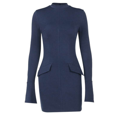 Fashion Long Sleeve Dress With Two Pockets Slim Bodycon Hip Short Dress For Women - Shanilia