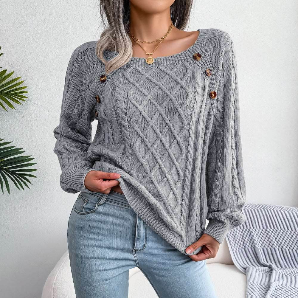 Square Neck Button Fried Dough Twist Knitting Sweater - Shanilia