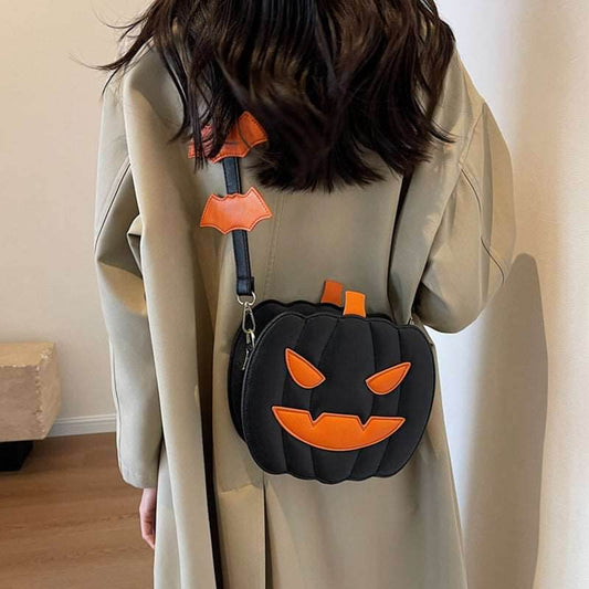 Halloween Bags Funny Pumpkin Cartoon Shoulder Crossbody Bag With Bat - Shanilia