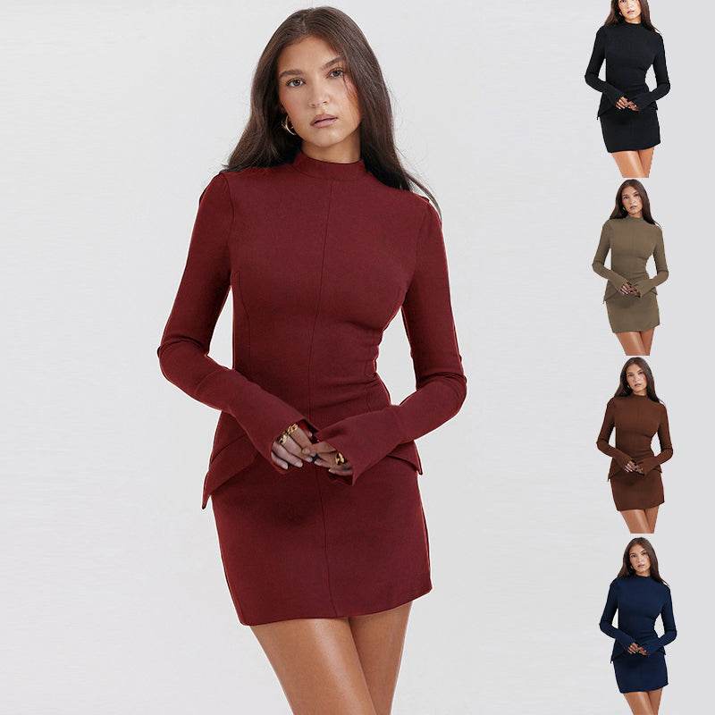 Fashion Long Sleeve Dress With Two Pockets Slim Bodycon Hip Short Dress For Women - Shanilia