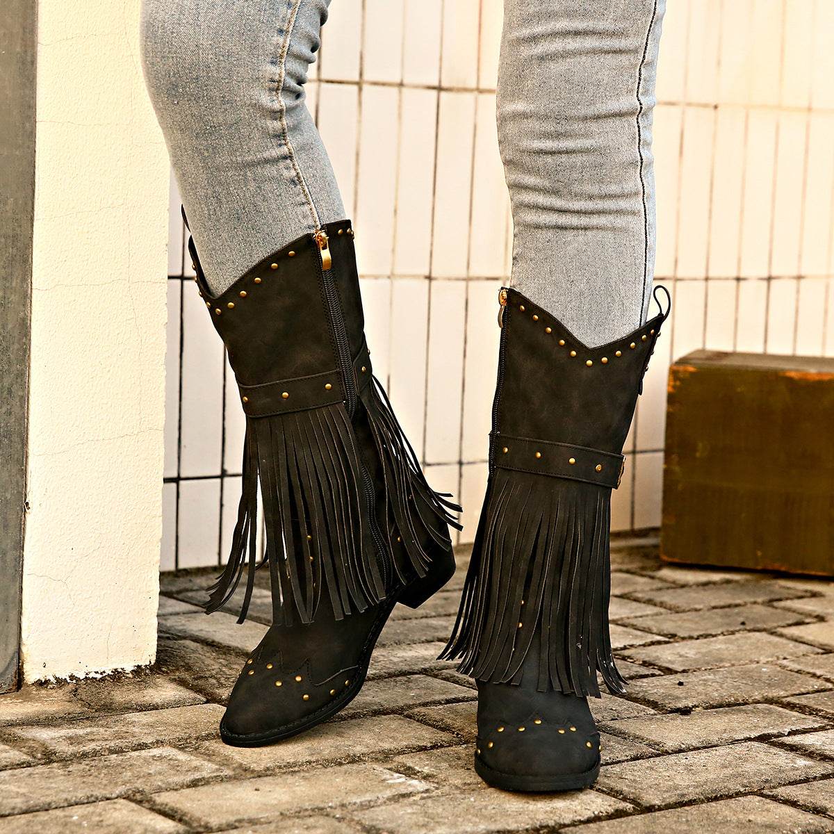 Women's Winter Retro Tassel Boots With Rivet Strap Buckle Design - Shanilia