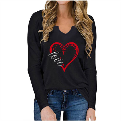 Valentine's Day Printed T shirt | Long sleeved V neck Top | Loose Fit - Shanilia