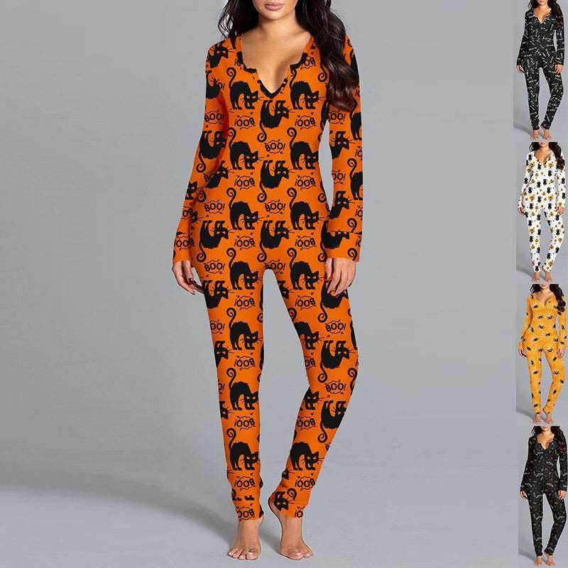 Halloween Printed Jumpsuit Long Sleeve Home Pajamas for Women - Shanilia