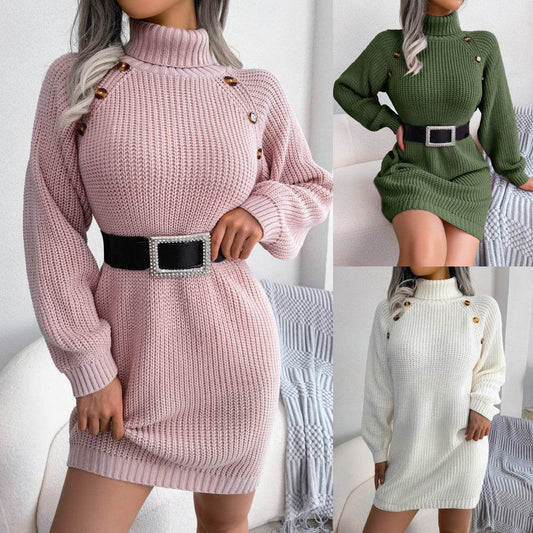 Women's Long Sleeve Winter Turtleneck Sweater Dress with Button Design - Shanilia