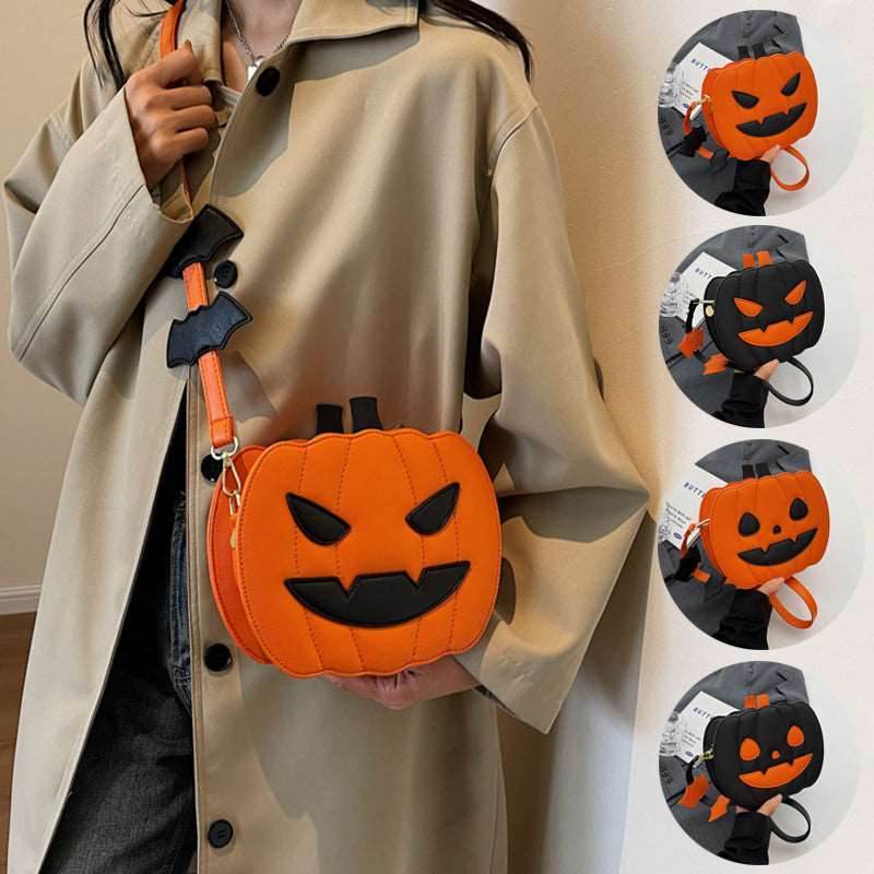 Halloween Bags Funny Pumpkin Cartoon Shoulder Crossbody Bag With Bat - Shanilia