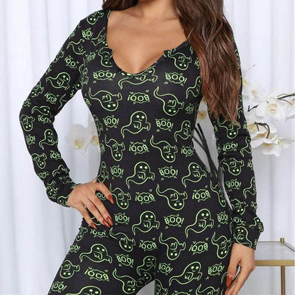 Halloween Printed Jumpsuit Long Sleeve Home Pajamas for Women - Shanilia