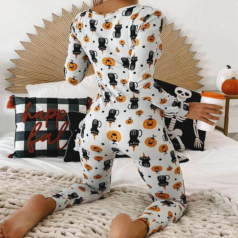 Halloween Printed Jumpsuit Long Sleeve Home Pajamas for Women - Shanilia