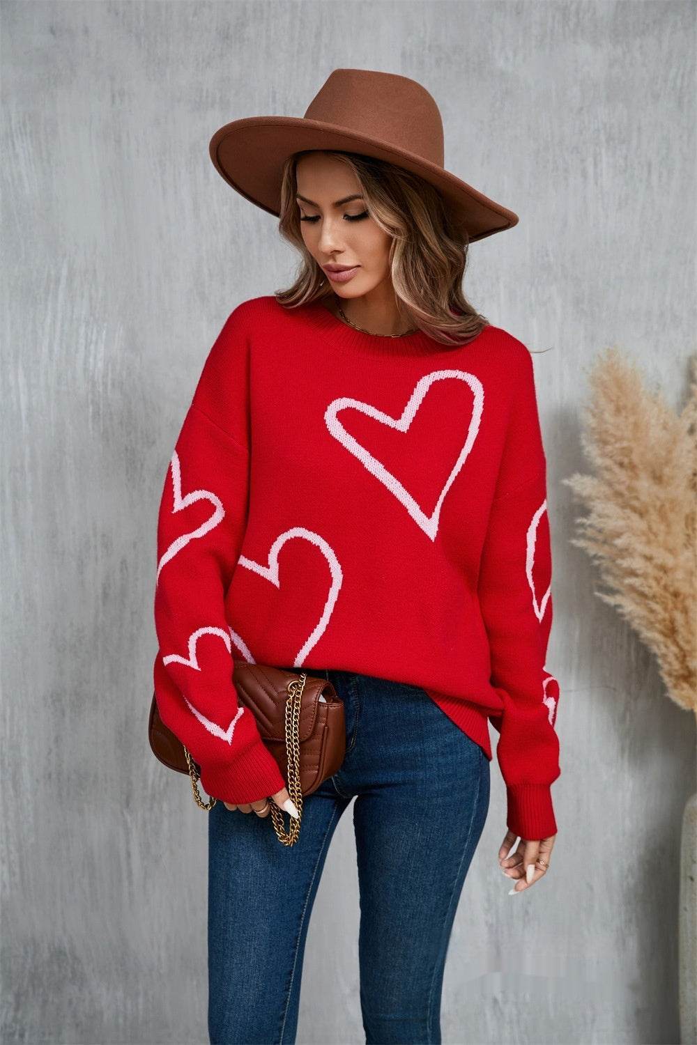 Female With Hearts Valentine's Day Pullover Big Peach Heart Contrast Color Sweater - Shanilia