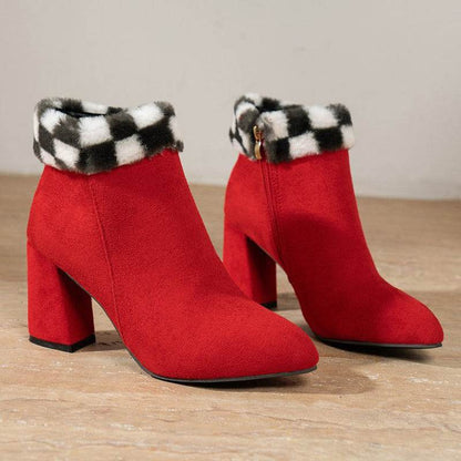 New Plaid Print Plush Ankle Boots Winter Fashoin Square Heel Suede Boots Women - Shanilia