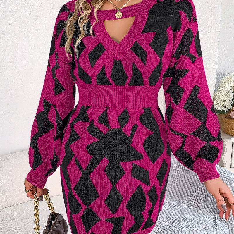 Look Stylish in this Color Matching Lantern Sleeve Sweater Dress - Shanilia