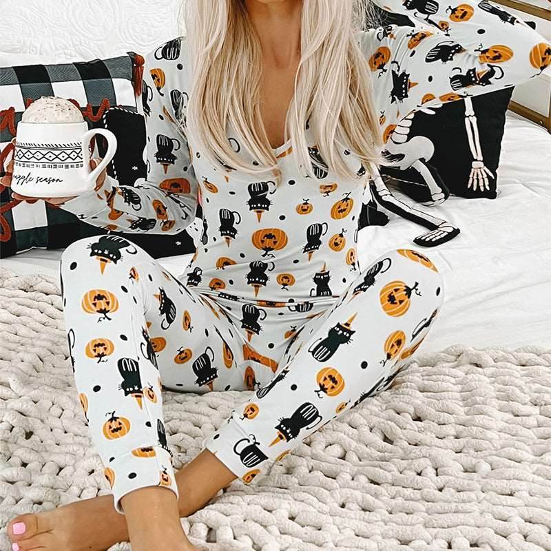 Halloween Printed Jumpsuit Long Sleeve Home Pajamas for Women - Shanilia