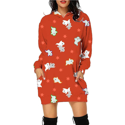 Women's Halloween Print Long Hoodie Sweater with Pockets - Shanilia