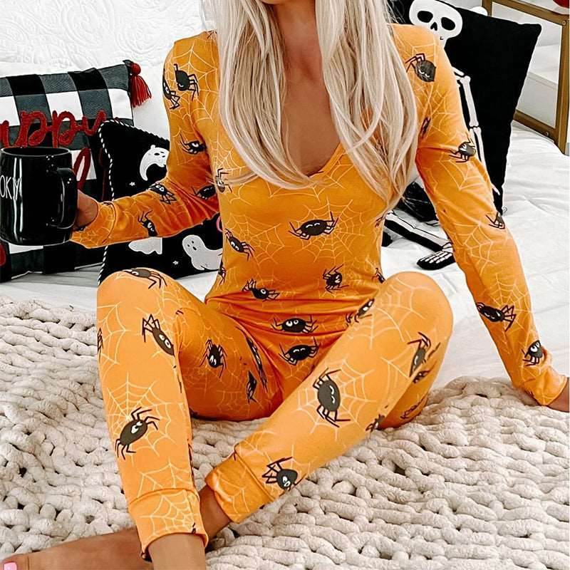 Halloween Printed Jumpsuit Long Sleeve Home Pajamas for Women - Shanilia